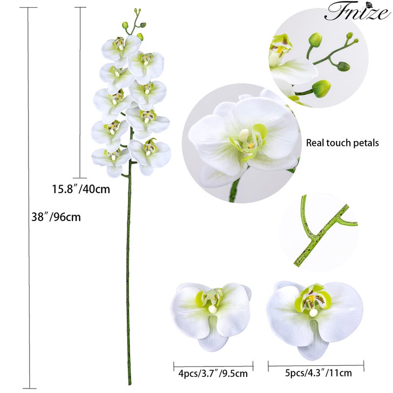 Fnize Faux Orchid Stems Real Touch Artificial Phalaenopsis Flowers Latex Petals 38 Inches 2pcs (Green White) - Image 2